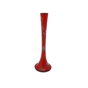 Vintage Hand Blown Red Glass Vase with Hand Painted Enamel Flowers & Cased Metal